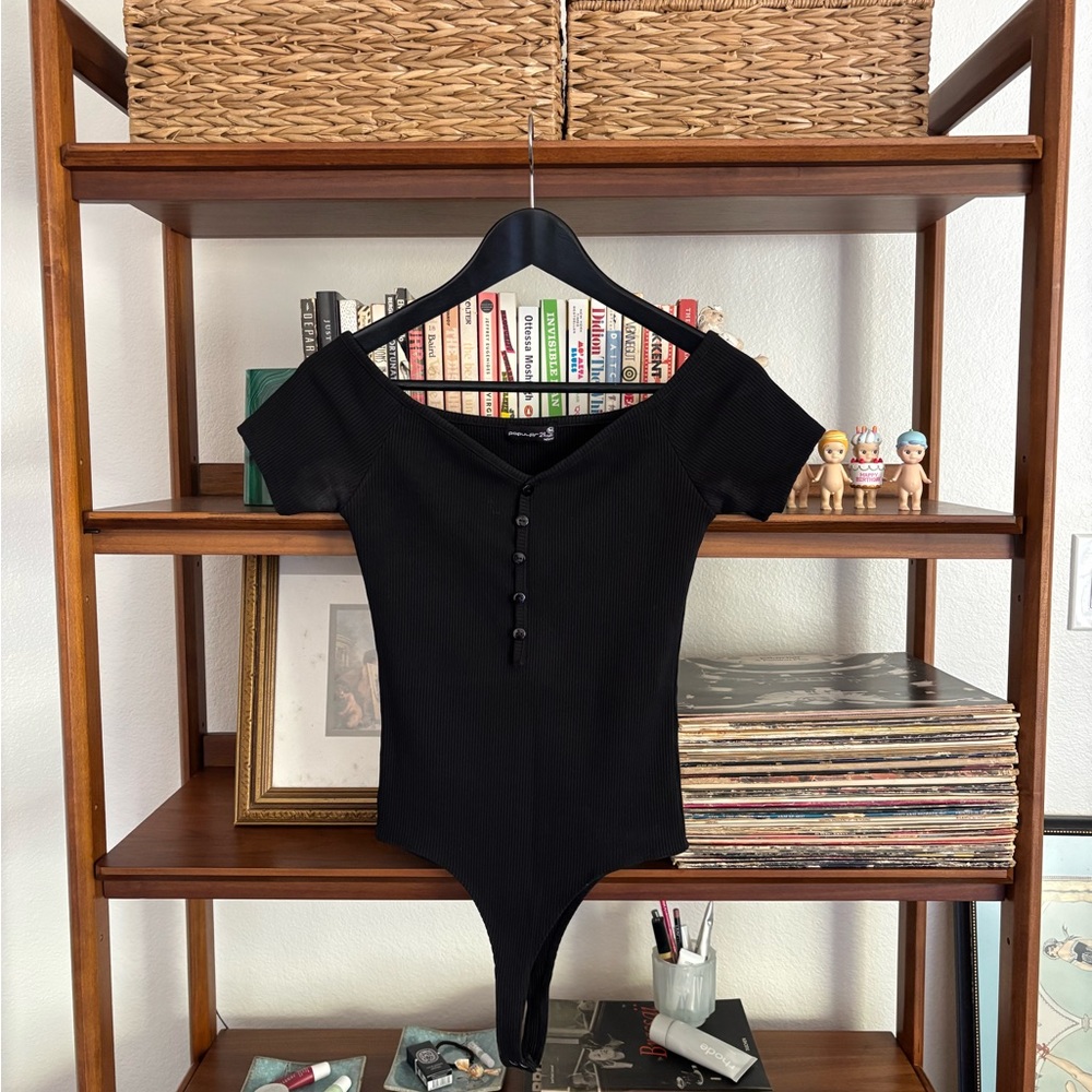 Madewell Ribbed Black Short-Sleeve Henley Bodysuit